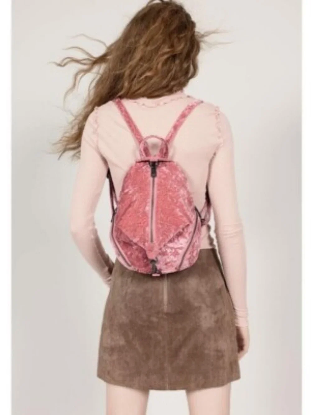 Rebecca Minkoff Julian Pink Crushed Velvet Backpack Purse Bag